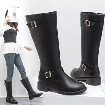 Мода 2024 года, новые осенние модные женские ретро-сапоги с двойной пряжкой и декоративными высокими сапогами 35 чёрный