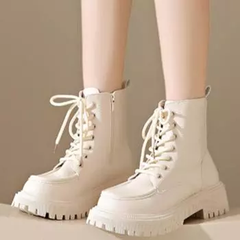 Мода 2024 года, новые осенние модные женские ретро-ботинки с круглым носком, однотонные, повседневные, на шнуровке, короткие ботинки 35 бежевый