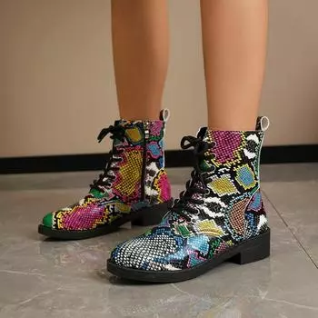 Мода 2024 года, новые осенние женские цветные принтованные короткие сапоги, модные повседневные короткие сапоги на шнуровке с круглым носком и низким каблуком 35