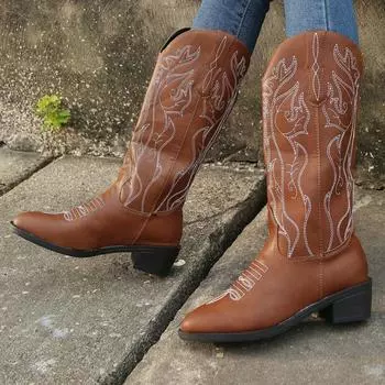 Мода 2024 года, новые осенние женские модные вышитые теплые однотонные сапоги без застежек 35 коричневый