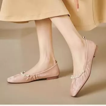 Мода 2024 года, новые осенние женские модные и удобные туфли на плоской подошве с квадратным носком и однотонным жемчужным декором 35 синий