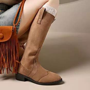 Мода 2024 года, новые осенние женские однотонные замшевые теплые высокие сапоги на толстой подошве 36 чёрный