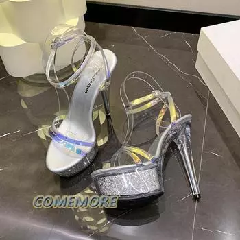 Мода 2024 года, новые открытые носки из прозрачного ПВХ, женские модные босоножки на платформе и высоком каблуке, банкетные туфли с пряжкой в виде рыбьего рта для стриптиза 34