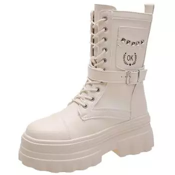 Мода 2024 года, новые панк-сапоги для мотоциклистов, женские лакированные кожаные ботинки на танкетке и платформе, до середины голени, женские ботинки на шнуровке и толстом каблуке в готическом стиле 34 белый