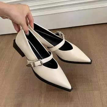 Мода 2024 года, новые ретро-модные женские туфли-лодочки Мэри Джейн с острым носком, простые туфли на толстом каблуке с неглубоким носком, однотонные женские туфли 35 бежевый