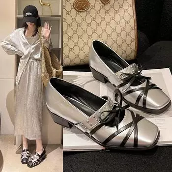 Мода 2024 года, новые роскошные женские туфли Мэри Джейн с квадратным носком и бантом, балетки из натуральной кожи с плоской подошвой и заклепками на поясе 35 серебряный