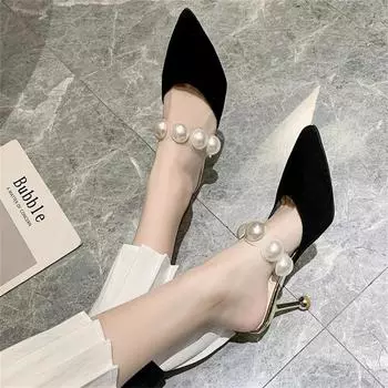 Мода 2024 года, новые сандалии из жемчужно-черного цвета, женские летние тапочки, женские туфли на тонком каблуке, женские уличные туфли на высоком каблуке с острым носком, женские мюли 35 чёрный