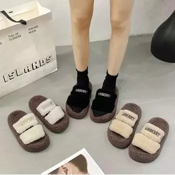 Мода 2024 года, новые тапочки Mao для женской верхней одежды, осень и зима, корейские, толстая подошва, одна линия, стиль феи, хлопковые тапочки 35 чёрный