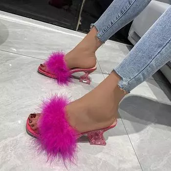 Мода 2024 года, новые тапочки с перьями, прозрачные высокие каблуки для женщин, модные прозрачные квадратные сандалии с открытым носком, женские мюли, шлепанцы, обувь 36