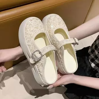 Мода 2024 года, новые тапочки, женские летние низкие туфли с закрытым носком, шлепанцы на платформе, модные роскошные римские каблуки-копыто, резиновая атласная ткань 37 чёрный