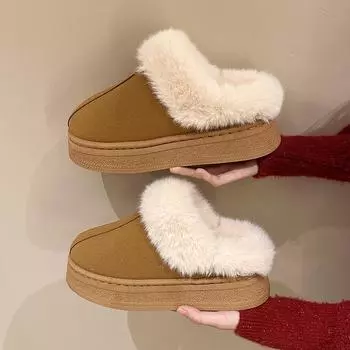 Мода 2024 года, новые теплые ботинки, женские зимние туфли на плоской подошве, короткие плюшевые меховые ботильоны, повседневная обувь, спортивные замшевые ботинки для мотоциклистов 36 абрикосовый