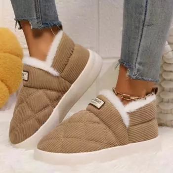 Мода 2024 года, новые теплые зимние плоские удобные зимние ботинки для женщин, для отдыха на открытом воздухе, меховые нескользящие домашние хлопковые ботинки 36-37 хаки