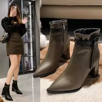 Мода 2024 года, новые трендовые темпераментные короткие сапоги с острым носком на высоком каблуке, женские весенние и осенние одинарные сапоги с толстым каблуком 34 чёрный