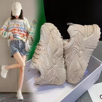 Мода 2024 года. Новые трендовые женские спортивные туфли на толстой подошве. Осенние белые повседневные туфли для папы. Модные и универсальные женские туфли. 35 бежевый