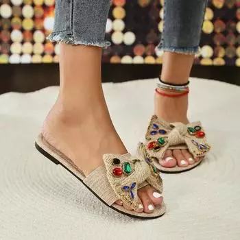 Мода 2024 года, новые туфли большого размера для женщин, современные женские тапочки, уличные тапочки, женские сандалии со стразами и галстуком-бабочкой на плоской подошве с круглым носком 35 хаки