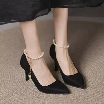 Мода 2024 года, новые туфли для свадебной вечеринки с ремешком на щиколотке и жемчугом для женщин, модные туфли-лодочки на тонком каблуке с ниткой из бисера, женские туфли на высоком каблуке из флока 34 красный