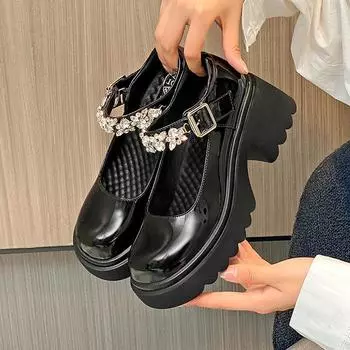 Мода 2024 года, новые туфли Мэри Джейн на толстой подошве Water Diamond, винтажные туфли с круглым носком и юбкой, небольшие кожаные туфли с неглубоким горлом 35 чёрный