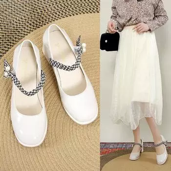 Мода 2024 года, новые туфли Мэри Джейн, модные женские туфли с квадратным носком и жемчугом, средний каблук, толстая подошва, неглубокий носок, женские туфли 34 бежевый