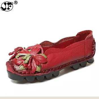 Мода 2024 года, новые туфли на плоской подошве из натуральной кожи, женские кожаные мокасины ручной работы из коровьей кожи с гибким весенним цветком, с круглым носком, женские туфли 4 красный