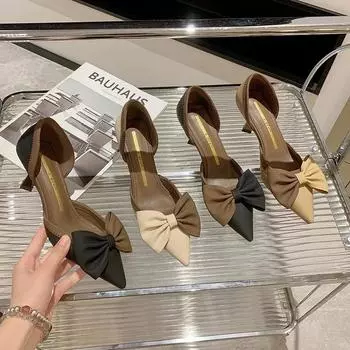Мода 2024 года, новые туфли на высоком каблуке для женщин на весну, лето и осень, корейская мода, тонкий каблук, одинарные туфли с бантом для женщин 34 коричневый