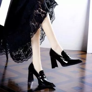Мода 2024 года. Новые туфли с острым носком на высоком каблуке. Женские осенние элегантные туфли с ремешком на щиколотке. Женские туфли на толстом каблуке. Модный тренд. 34 чёрный