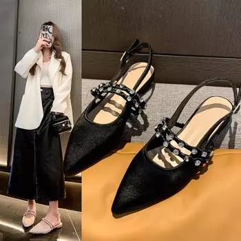 Мода 2024 года. Новые удобные женские туфли. Мюли с острым носком. Женские тапочки на шпильках. Мягкие пряжки. Однотонные сандалии. Мода. 34 чёрный