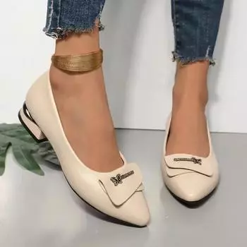 Мода 2024 года, новые универсальные деловые повседневные туфли на толстом каблуке, модные женские дышащие туфли на шнуровке, сандалии с пряжкой и неглубокой подошвой 35 бежевый