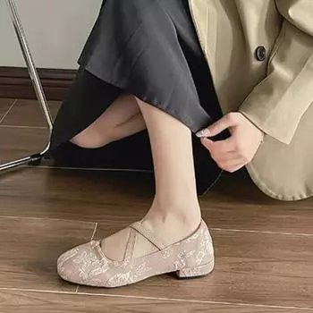 Мода 2024 года, новые весенне-летние балетки с принтом на плоской подошве, женская обувь, ретро-атласные туфли Мэри Джейн, балетки женские, Zapatos Mujer 35 бежевый