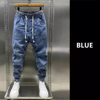 Мода 2024 года, новые весенне-осенние свободные мужские джинсы на шнурке для больших мальчиков, повседневные брюки с эластичной резинкой на талии Yk2 в уличном стиле M чёрный