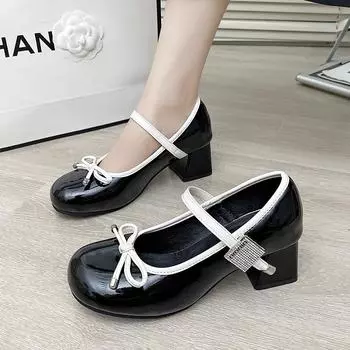 Мода 2024 года, новые весенне-осенние туфли на толстом каблуке для женщин, элегантные туфли в стиле Лолиты с бантом, модные женские сандалии на высоком каблуке для девушек из колледжа 35 розовый