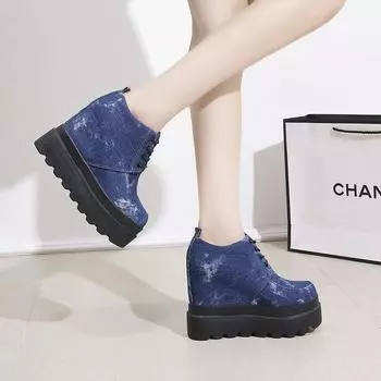 Мода 2024 года, новые весенние и осенние синие туфли на танкетке, повседневные туфли на толстой подошве, женские кроссовки на высоком каблуке 35 синий