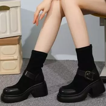 Мода 2024 года, новые весенние и осенние однотонные модные круглые носки с пряжкой из сетки, удобные квадратные каблуки, рукава, женские короткие сапоги 35 чёрный