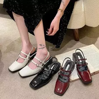 Мода 2024 года, новые весенние туфли с искусственным лакированным покрытием на высоком каблуке с ремешками, модные туфли-лодочки с открытой пяткой для женщин с квадратным носком 35 бежевый