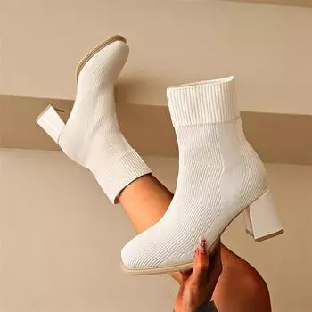 Мода 2024 года, новые женские ботильоны с квадратным носком, зимняя мода, вязаные эластичные чулки, женские короткие сапоги на высоком каблуке 36