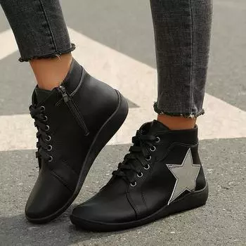 Мода 2024 года. Новые женские ботинки на танкетке со шнуровкой. Модные ботильоны с мягкой подошвой в стиле пэчворк. Водонепроницаемые кроссовки из искусственной кожи. 36 чёрный