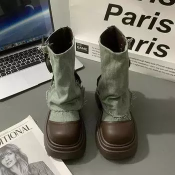 Мода 2024 года, новые женские ботинки в стиле армейской обуви на толстой платформе, модные ботильоны, женские дизайнерские брюки, ковбойские сапоги с толстой подошвой и нескользящей подошвой 35 чёрный