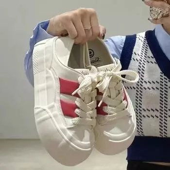 Мода 2024 года, новые женские кроссовки на высокой платформе с толстой подошвой, модные весенние и осенние туфли на шнуровке из вулканизированной ткани 35 красный