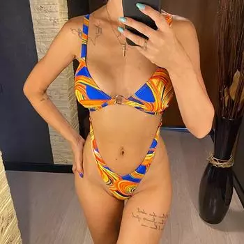 Мода 2024 года, новые женские купальники с металлическим кольцом и вырезом на животе, цельный купальник для женщин, купальный костюм с высоким вырезом S жёлтый