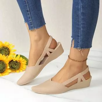 Мода 2024 года, новые женские летние повседневные сандалии Baotou с острым носком, мягкая подошва, нескользящие повседневные сандалии на танкетке, сандалии для мам 36 абрикосовый