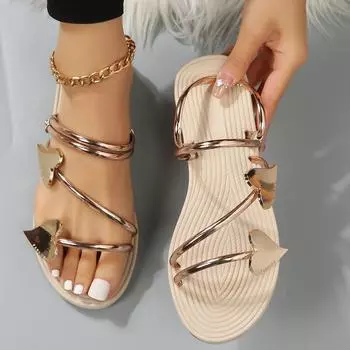 Мода 2024 года, новые женские летние сандалии, туфли с открытым носком, сандалии женские, летняя мода, женская обувь, плоские пляжные сандалии 35 золотой