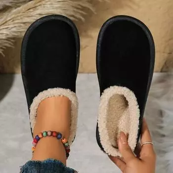 Мода 2024 года, новые женские меховые туфли, зимние домашние полутапочки, ретро-ботинки на плоской подошве из овечьей шерсти, женские плоские туфли 35 чёрный