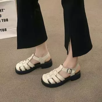 Мода 2024 года, новые женские плетеные сандалии, летние пляжные туфли с квадратным носком и каблуком для женщин, обувь для активного отдыха, мягкая подошва, удобные женские сандалии 35 бежевый