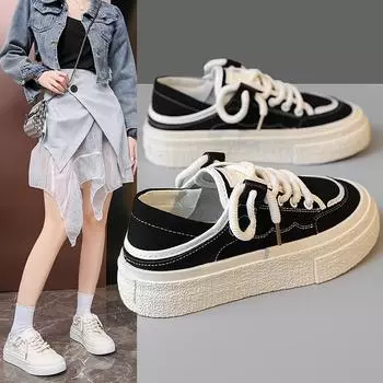 Мода 2024 года, новые женские полумуфельные парусиновые туфли, простые и универсальные кроссовки на толстой подошве для женщин 35 бежевый