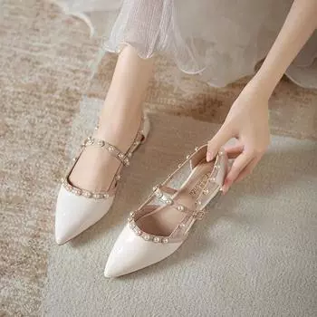 Мода 2024 года, новые женские сандалии из лакированной кожи для девочек, летние красивые туфли-лодочки с острым носком и жемчужной подошвой 35 розовый