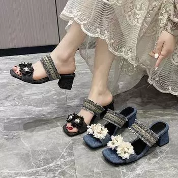 Мода 2024 года, новые женские тапочки на высоком каблуке, интернет-знаменитости, модные летние тапочки с толстым каблуком и узором «елочка» для пляжа в стиле феи 35 синий