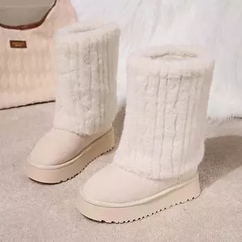 Мода 2024 года, новые женские теплые плюшевые зимние сапоги, нескользящие зимние сапоги, замшевые кожаные массивные кроссовки, толстые меховые высокие ботильоны на платформе 35 бежевый