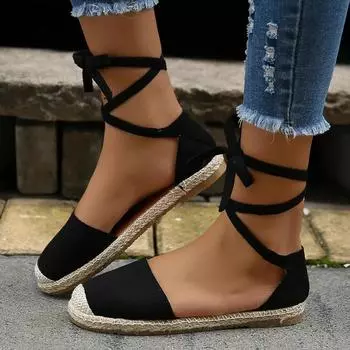 Мода 2024 года, новые женские туфли Flta, модные сандалии на плоской подошве с закрытым носком на шнуровке для женщин, повседневная обувь в римском стиле, женская обувь для ходьбы больших размеров 35 чёрный