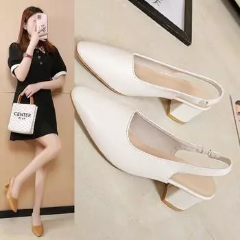 Мода 2024 года, новые женские туфли-лодочки с острым носком на толстом высоком каблуке, женские сандалии Baotou с открытой спиной, неглубокие женские туфли, однотонные туфли на каблуках для женщин 36