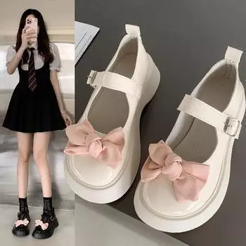 Мода 2024 года. Новые женские туфли Мэри Джейн на толстой подошве. Модные туфли на высоком каблуке для вечеринок. Осенняя женская обувь с бантом. Модные и универсальные. 35 бежевый
