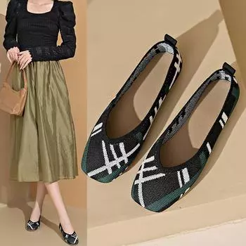 мода 2024 года, новые женские туфли на плоской вязке, дышащие, квадратный каблук, модные, красивые, принцесса, нескользящая, резиновая подошва, удобные 36 бежевый